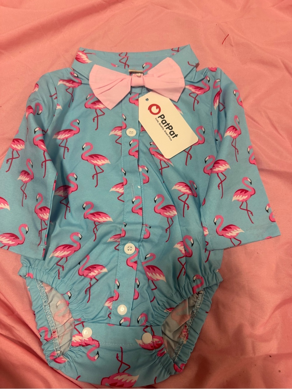 Bundle PatPat Blue Flamingo Print One-Piece Romper with Pink Bow Accent